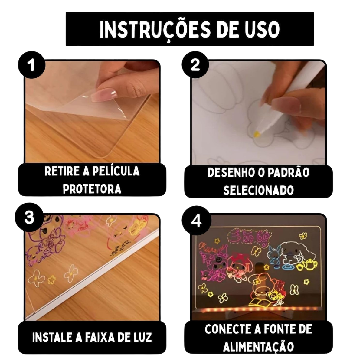 Lousa Mágica Desenho Infantil Com Canetas Neon – Quadro Luminoso 20x30cm